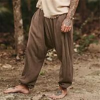Men's Linen Pants Trousers Summer Pants Beach Pants Pocket Drawstring Elastic Waist Plain Comfort Breathable Daily Holiday Vacation Hawaiian Boho Dark Brown Black Lightinthebox