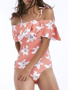 Flounce Flowers Printed Off Shoulder Bathing Suit