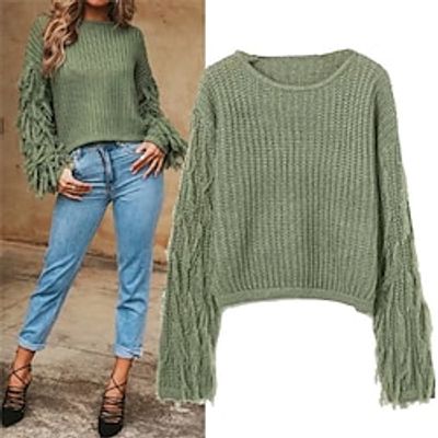 Women's Pullover Sweater Jumper Crew Neck Ribbed Knit Cotton Tassel Fall Winter Regular Outdoor Daily Going out Stylish Casual Soft Long Sleeve Solid Color Black Wine Green One-Size miniinthebox