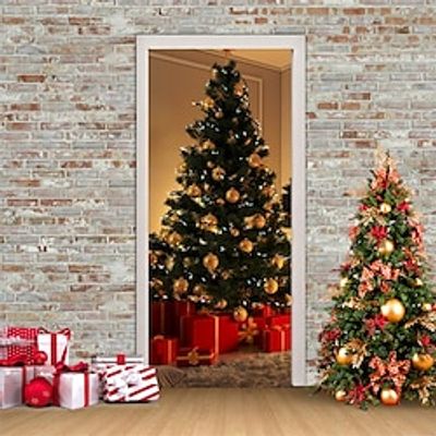 Christmas 3D Stickers Waterproof Door Stickers Xmas Door Mural Peel Self Adhesive Wallpaper PVC Sticker Removable Wall Decal for Home Office Decoration miniinthebox