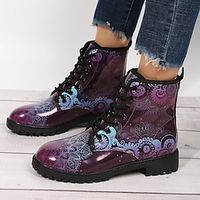 Women's Boots Combat Boots Plus Size Daily Booties Ankle Boots Winter Chunky Heel Round Toe Casual PU Leather Lace-up Purple miniinthebox - thumbnail