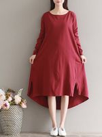 Casual Irregular Split Pure Color Long Sleeve O-neck Women Maxi Dress