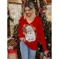 Women's Pullover Sweater Jumper Christmas Sweaters V Neck Ribbed Knit Polyester Print Knitted Fall Winter Regular Outdoor Christmas Holiday Daily Stylish Casual Long Sleeve Santa Claus White Pink Wine Lightinthebox - thumbnail