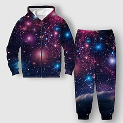 Carnival Boys 3D Galaxy Hoodie  Sweatpants Set Long Sleeve 3D Printing Spring Fall Active Fashion Cool Polyester Kids 3-12 Years Zip Hooded Outdoor Street Vacation Regular Fit Lightinthebox