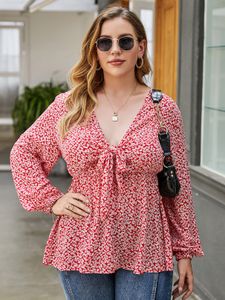 Plus Size Deep V-neck Calico Tie-up Design Long Sleeves Blouse