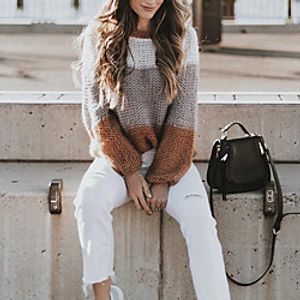 Women's Pullover Sweater Knitted Color Block Stylish Basic Casual Long Sleeve Sweater Cardigans Crew Neck Fall Winter Khaki Black miniinthebox