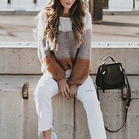 Women's Pullover Sweater Knitted Color Block Stylish Basic Casual Long Sleeve Sweater Cardigans Crew Neck Fall Winter Khaki Black miniinthebox - thumbnail