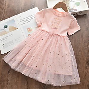 Kids Little Girls' Dress Cartoon Patchwork Letter Ruched Mesh Patchwork Blushing Pink Asymmetrical Short Sleeve Active Sweet Dresses Regular Fit 2-8 Years miniinthebox
