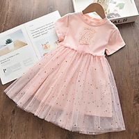 Kids Little Girls' Dress Cartoon Patchwork Letter Ruched Mesh Patchwork Blushing Pink Asymmetrical Short Sleeve Active Sweet Dresses Regular Fit 2-8 Years miniinthebox - thumbnail
