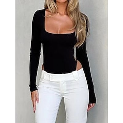 Women's Bodysuit High Waist Solid Color Square Neck Active Daily Vacation Regular Fit Long Sleeve Black S M L Fall Lightinthebox Women's Bodysuit High Waist Solid Color Square Neck Active Daily Vacation Regular Fit Long Sleeve Black S M L Fall Lightinthebox