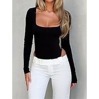 Women's Bodysuit High Waist Solid Color Square Neck Active Daily Vacation Regular Fit Long Sleeve Black S M L Fall Lightinthebox - thumbnail