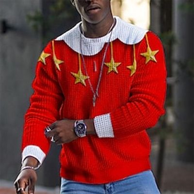 Graphic Stars Christmas Pattern Designer Retro Vintage Casual Men's 3D Print T shirt Tee Sports Outdoor Holiday Going out Christmas T shirt Red Long Sleeve Crew Neck Shirt Spring   Fall Clothing Lightinthebox