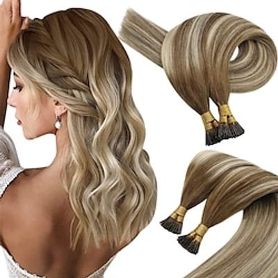 Sunny Hair Extensions I Tip Human Hair Brown 50s Itips Real Human Hair Extension Balayage Medium Brown to Platinum Blonde I Tips Natural Hair Extension Brown Balayage 22inch 50G Lightinthebox