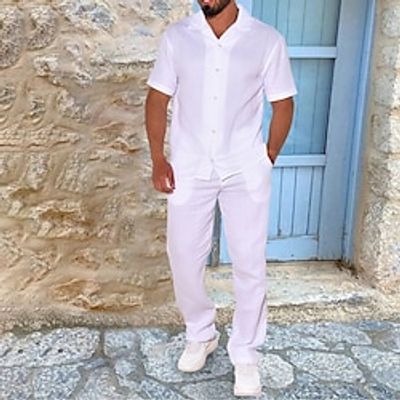 Men's Linen Pants Trousers Summer Pants Set Pocket Drawstring Elastic Waist Plain Comfort Breathable Casual Daily Holiday Vacation Hawaiian Black White Lightinthebox