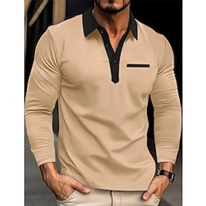 Men's Polo Shirt Button Up Polos Casual Sports Lapel Long Sleeve Fashion Basic Color Block Patchwork Button Spring   Fall Regular Fit Black White Pink Navy Blue Khaki Polo Shirt Lightinthebox