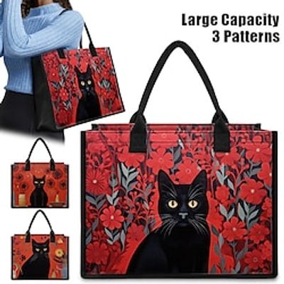 Women's Handbag Tote Boston Bag Polyester Shopping Daily Travel Print Large Capacity Foldable Lightweight Cat Flower Light Red Red Burgundy miniinthebox