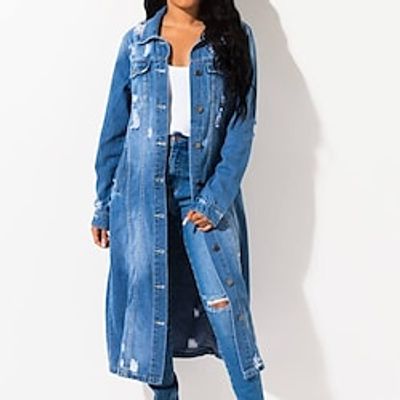 Women's Denim Jacket Outdoor Street Daily Spring Summer Long Coat Regular Fit Breathable Streetwear Casual Jacket Long Sleeve Solid Color Pocket Blue Lightinthebox