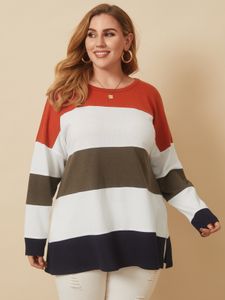 YOINS Plus Size Crew Neck Patchwork Slit Design Long Sleeves Tee