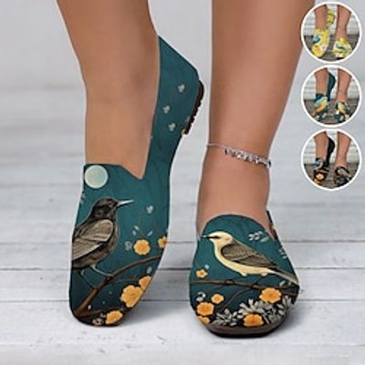 Women's Flats Slip-Ons Loafers Print Shoes Animal Print Flyknit Shoes Daily Floral Bird Flat Heel Fashion Casual Comfort Tissage Volant Black Yellow Green Lightinthebox