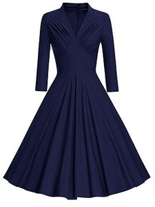 Solid Color Long Sleeve V-Neck Dress