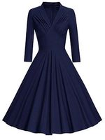 Solid Color Long Sleeve V-Neck Dress - thumbnail