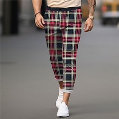 Plaid  Check Business Men's 3D Print Pants Trousers Outdoor Daily Wear Streetwear Polyester Yellow Red Blue S M L Medium Waist Elasticity Pants Lightinthebox