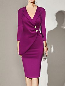 Notch Lapel Ruched Decorative Button Plain Bodycon Dress