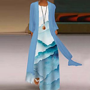 2021 european and american spring and summer mesh mid-long sleeve cardigan round neck chiffon skirt temperament loose blue outer yarn two-piece suit miniinthebox