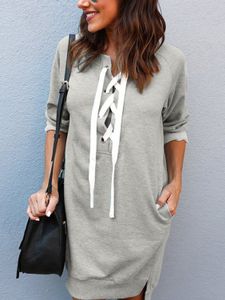 Casual Criss Cross Lace-up V-neck Long Sleeves Sweater Dress