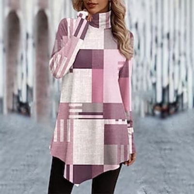 Women's T shirt Tee Pink Blue Purple Plaid Asymmetrical Print Long Sleeve Daily Weekend Fashion High Neck Regular Fit Painting Spring   Fall Lightinthebox
