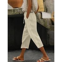 Women's Pants Trousers Linen Cotton Blend Plain Side Pockets Calf-Length Casual Daily Going out Weekend White Khaki S M Spring  Summer Lightinthebox