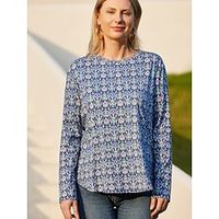 Women's T shirt Tee 100% Cotton Geometric Tribal Casual Daily Weekend Navy Blue Print Short Sleeve Boho Print Round Neck Loose Fit All Seasons Lightinthebox