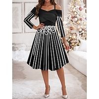 Women's Casual Dress Winter Dress Stripe Print Patchwork Strap Midi Dress Fashion Streetwear Outdoor Date Long Sleeve Regular Fit Black Fall Winter S M L XL XXL Lightinthebox - thumbnail