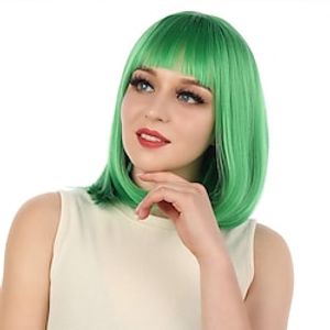 Short Bob Hair Wigs 12" Straight with Flat Bangs Synthetic Colorful Cosplay Daily Party Wig for Women Natural As Real Hair Free Wig Cap (Green) Christmas Party Wigs miniinthebox