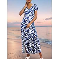 Women's Casual Dress Leaf Print V Neck Long Dress Maxi Dress Short Sleeve Summer Lightinthebox