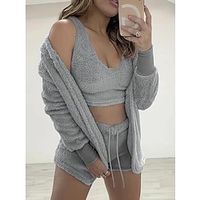 Solid Fuzzy Lounge Set, Long Sleeve Hooded Robe  Tank Top  Elastic Waistband Shorts, Women's Loungewear  Sleepwear miniinthebox - thumbnail