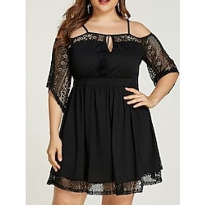 Women's Plus Size Casual Dress Lace Dress Solid Color Mini Dress Half Sleeve Lace up Lace Off Shoulder Classic Daily Black Winter Fall XL XXL 3XL 4XL Lightinthebox