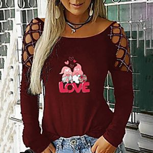 Women's Painting Couple T shirt Heart Santa's Helper Cut Out Print Round Neck Basic Tops Black Wine Army Green Lightinthebox