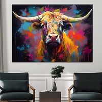 Hand painted Vibrant Colorful Abstract Cow Oil Painting on Canvas hand painted Rustic Farmhouse animal oil painting Pop Art Wall Decor Bright Colors animal painting for living room bedroom home decor Lightinthebox