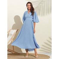 Women's Wedding Guest Dress Maxi Blue V-Neck Dolman Sleeve Pleated Chiffon