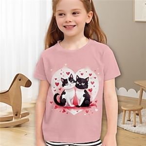 Valentines Girls' 3D Heart Cat Tee Shirt Pink Short Sleeve 3D Print Summer Active Fashion Cute Polyester Kids 3-12 Years Crew Neck Outdoor Casual Daily Regular Fit Lightinthebox