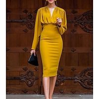 Sheath  Column Mother of the Bride Dress Elegant V Neck Tea Length Imitated Silk Long Sleeve with Pleats 2022 Lightinthebox - thumbnail