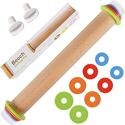 Wood Rolling Pin With 4 Adjustable Thickness Rings, Non-stick Dough Roller For Baking, 17 Inch Pizza Roller For Kitchen supplies, Handle Press Design For Fondant, Pizza, Pie Crust, Cookie, Pastry Lightinthebox