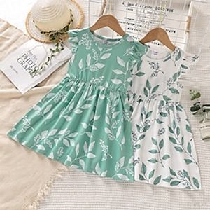 Kids Girls' Dress Leaf Summer Dress Knee-length Dress School Crew Neck Short Sleeve Adorable Dress 3-7 Years Summer White Green Lightinthebox