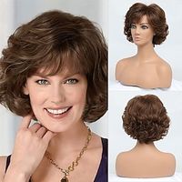 Short Curly Dark Brown Wigs for Old Lady Layered Curly Wig with Bangs Wavy Brown Wig with Dark Roots Natural Synthetic Hair for Carnival Party miniinthebox