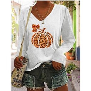 Women's T shirt Tee Pumpkin Halloween Casual Weekend T shirt Tee Long Sleeve Print V Neck Basic Halloween Green White Black S miniinthebox