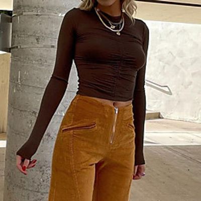 Women's Crop Tshirt T shirt Plain Round Neck Basic Tops Brown Lightinthebox