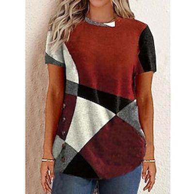 Women's T shirt Tee Red Blue Purple Geometric Short Sleeve Daily Basic Cowl Neck Regular S Lightinthebox