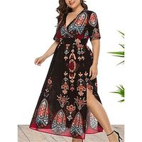 Women's Plus Size Casual Dress Boho Dress Graphic Floral Long Dress Maxi Dress Half Sleeve Split Print V Neck Fashion Daily Black Navy Blue Winter Fall XL 3XL 4XL 5XL Lightinthebox - thumbnail