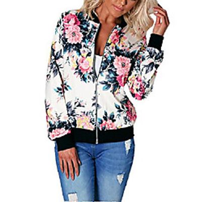 ladies zipper flowers printed bomber jacket pilots baseball coat outwear tops coat white de 46 Lightinthebox